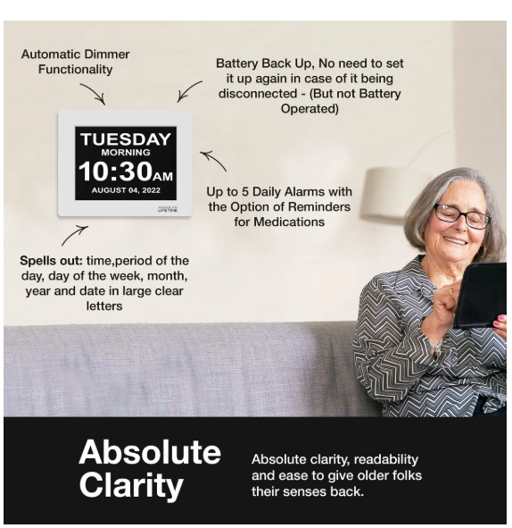 10.1inch Extra Large Font Clock for Seniors /Dementia Large Digital Day Date Clock with Custom Alarms