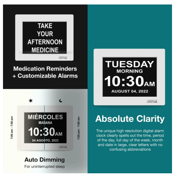 10.1inch Extra Large Font Clock for Seniors /Dementia Large Digital Day Date Clock with Custom Alarms