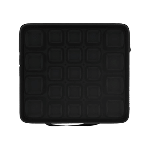 A black square zippered case with a grid of raised square compartments on the front, shown against a plain white background.